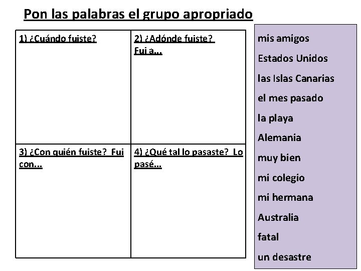 Pon las palabras el grupo apropriado 1) ¿Cuándo fuiste? 2) ¿Adónde fuiste? Fui a.