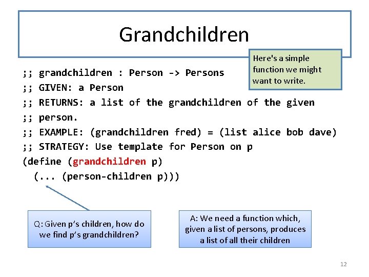 Grandchildren Here's a simple function we might want to write. ; ; grandchildren :