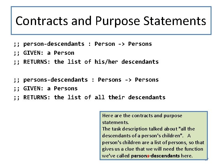 Contracts and Purpose Statements ; ; person-descendants : Person -> Persons ; ; GIVEN: