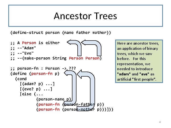 Ancestor Trees (define-struct person (name father mother)) ; ; ; ; A Person is