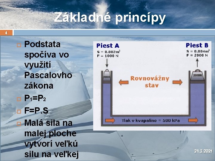 Základné princípy 4 Podstata spočíva vo využití Pascalovho zákona P 1=P 2 F=P. S