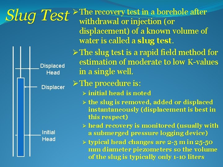 Slug Test Displaced Head Displacer Ø The recovery test in a borehole after withdrawal