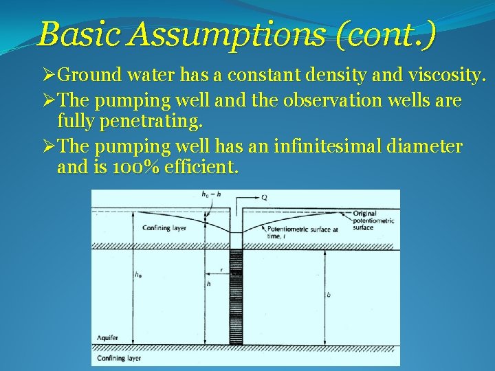 Basic Assumptions (cont. ) ØGround water has a constant density and viscosity. ØThe pumping