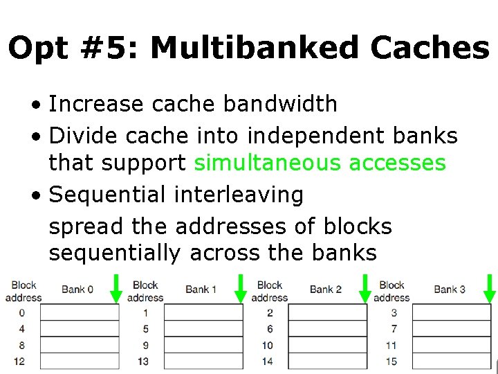 Opt #5: Multibanked Caches • Increase cache bandwidth • Divide cache into independent banks