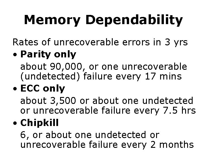 Memory Dependability Rates of unrecoverable errors in 3 yrs • Parity only about 90,
