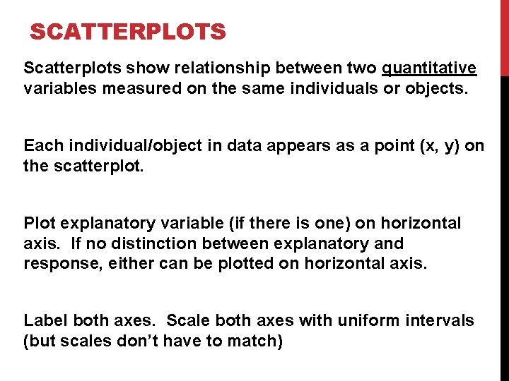 SCATTERPLOTS Scatterplots show relationship between two quantitative variables measured on the same individuals or