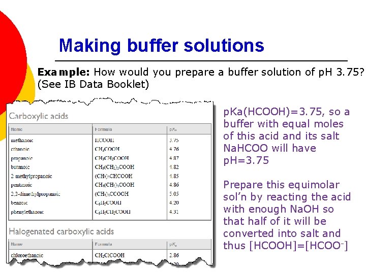 Making buffer solutions Example: How would you prepare a buffer solution of p. H