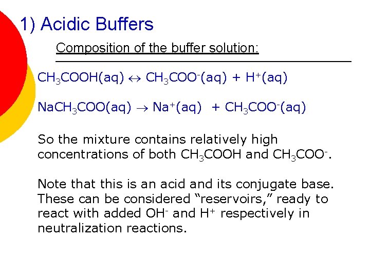 1) Acidic Buffers Composition of the buffer solution: CH 3 COOH(aq) CH 3 COO-(aq)