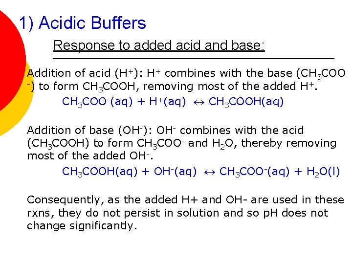 1) Acidic Buffers Response to added acid and base: Addition of acid (H+): H+