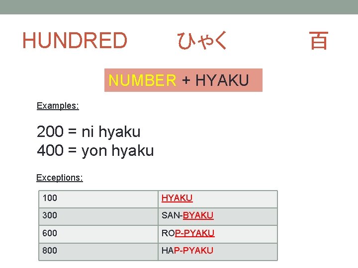 HUNDRED ひゃく　　 NUMBER + HYAKU Examples: 200 = ni hyaku 400 = yon hyaku