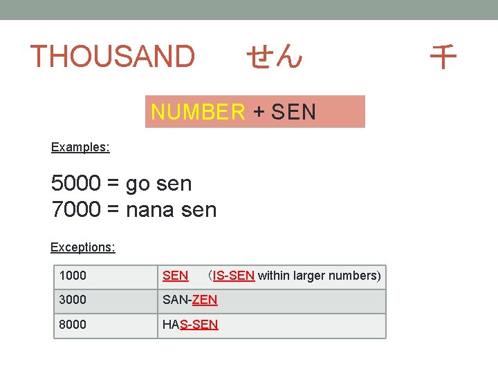 THOUSAND せん　　 NUMBER + SEN Examples: 5000 = go sen 7000 = nana sen