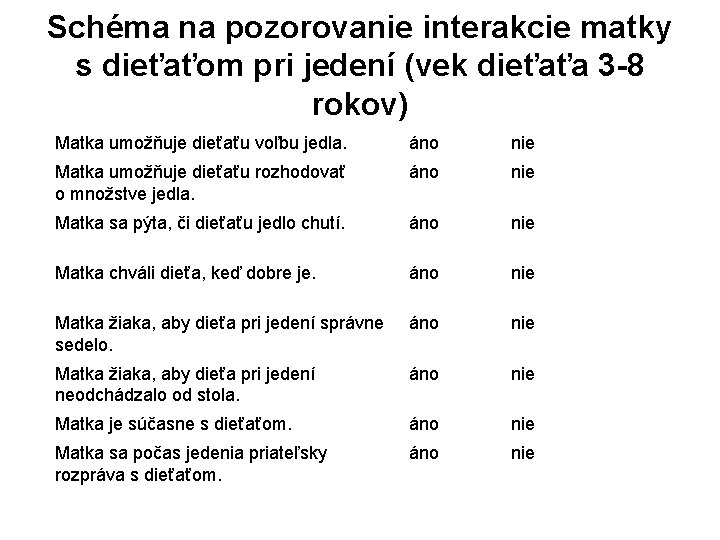 Schéma na pozorovanie interakcie matky s dieťaťom pri jedení (vek dieťaťa 3 -8 rokov)