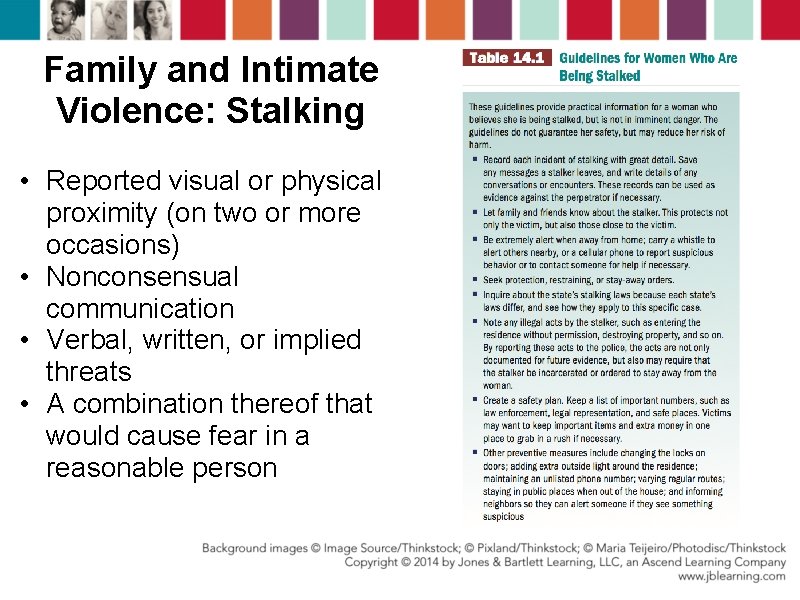 Family and Intimate Violence: Stalking • Reported visual or physical proximity (on two or