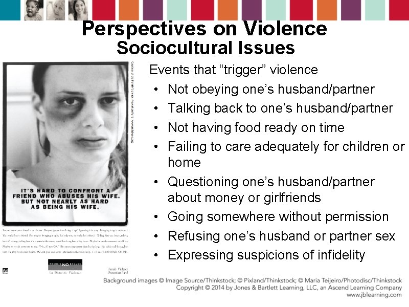 Perspectives on Violence Sociocultural Issues Events that “trigger” violence • Not obeying one’s husband/partner