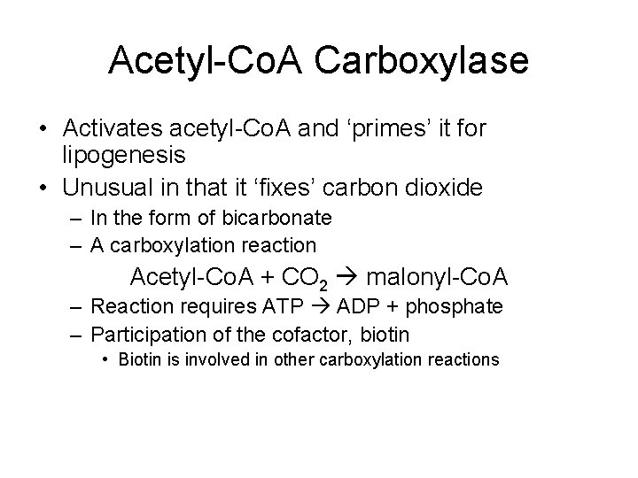 Acetyl-Co. A Carboxylase • Activates acetyl-Co. A and ‘primes’ it for lipogenesis • Unusual