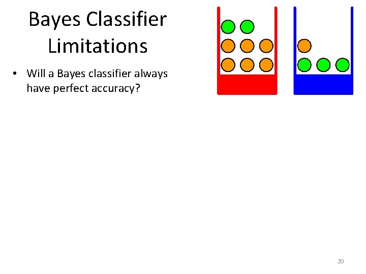 Bayes Classifier Limitations • Will a Bayes classifier always have perfect accuracy? 20 