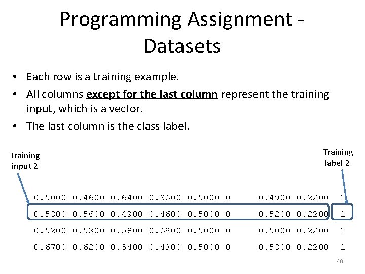 Programming Assignment - Datasets • Each row is a training example. • All columns