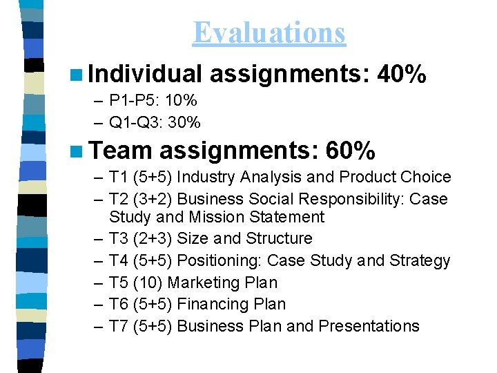 Evaluations n Individual assignments: 40% – P 1 -P 5: 10% – Q 1