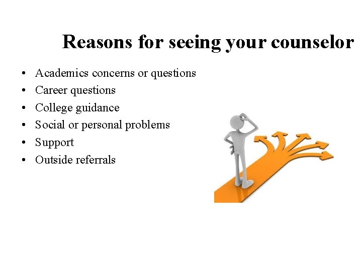 Reasons for seeing your counselor • • • Academics concerns or questions Career questions