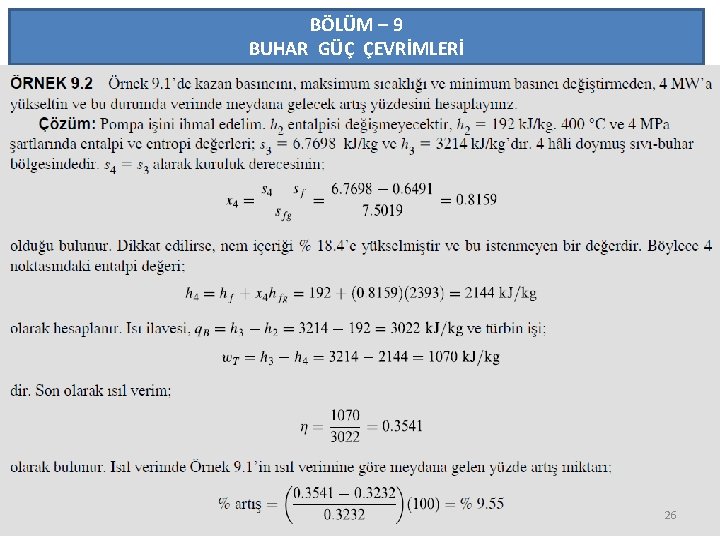 BÖLÜM – 9 BUHAR GÜÇ ÇEVRİMLERİ 26 
