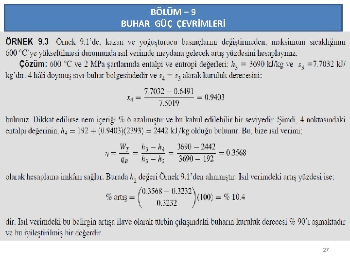BÖLÜM – 9 BUHAR GÜÇ ÇEVRİMLERİ 27 