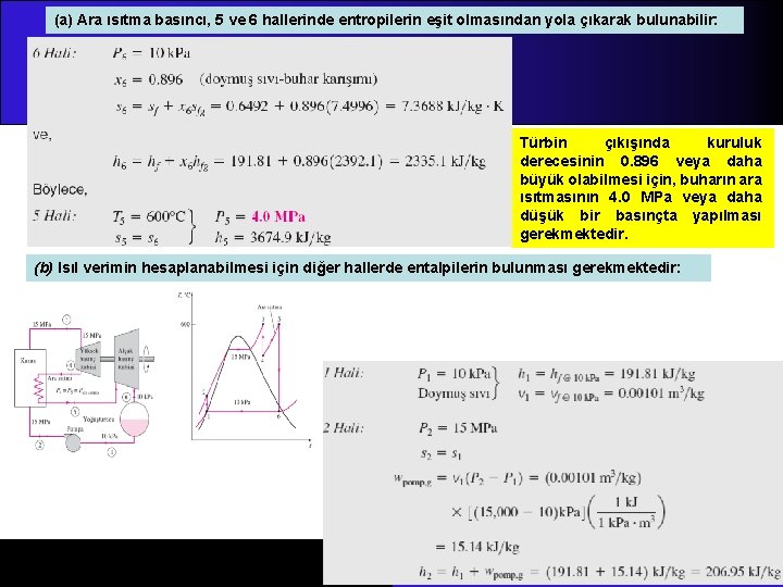 (a) Ara ısıtma basıncı, 5 ve 6 hallerinde entropilerin eşit olmasından yola çıkarak bulunabilir: