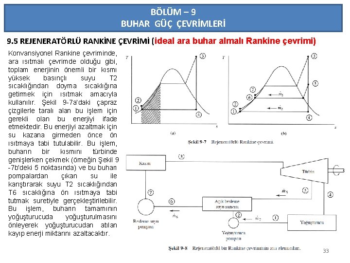 BÖLÜM – 9 BUHAR GÜÇ ÇEVRİMLERİ 9. 5 REJENERATÖRLÜ RANKİNE ÇEVRİMİ (ideal ara buhar