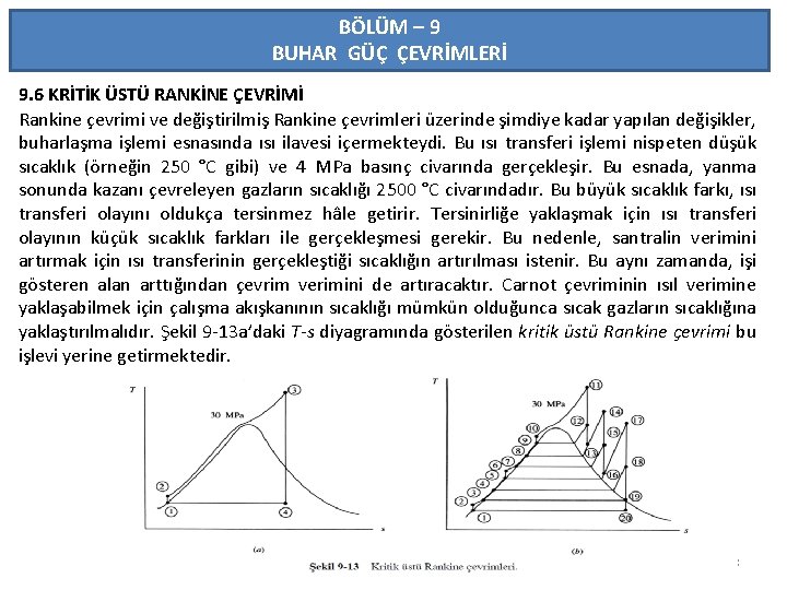 BÖLÜM – 9 BUHAR GÜÇ ÇEVRİMLERİ 9. 6 KRİTİK ÜSTÜ RANKİNE ÇEVRİMİ Rankine çevrimi