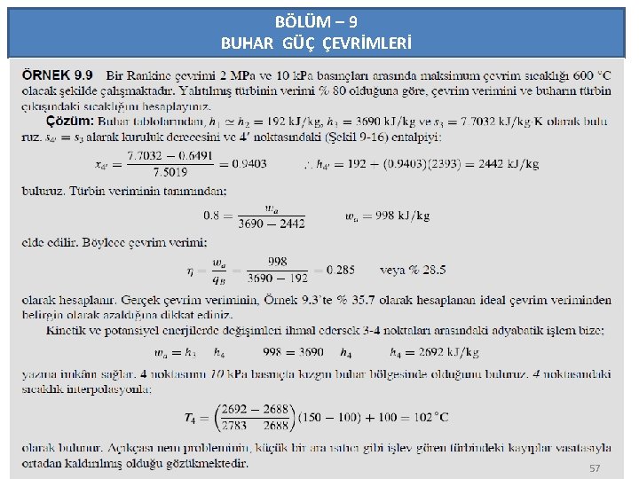 BÖLÜM – 9 BUHAR GÜÇ ÇEVRİMLERİ 57 