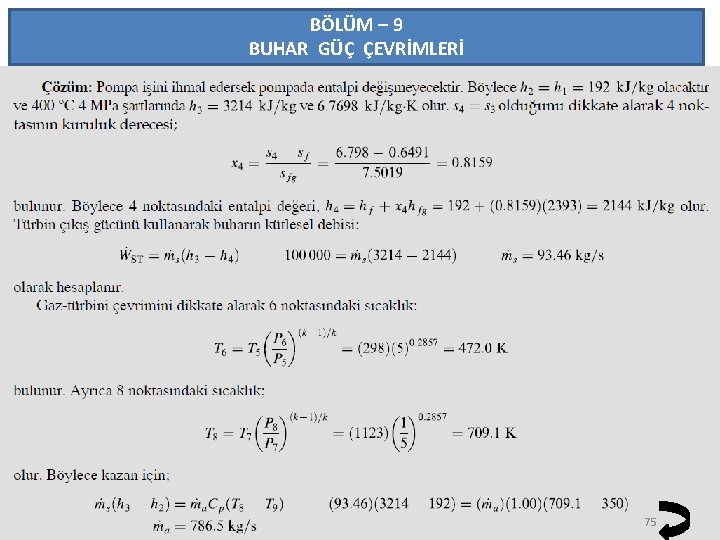 BÖLÜM – 9 BUHAR GÜÇ ÇEVRİMLERİ 75 
