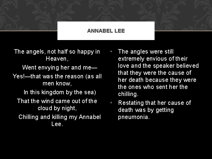ANNABEL LEE The angels, not half so happy in Heaven, Went envying her and