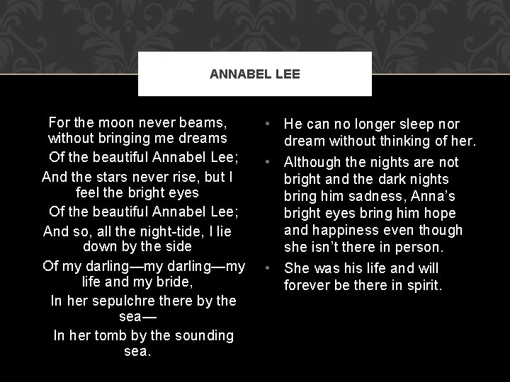 ANNABEL LEE For the moon never beams, without bringing me dreams Of the beautiful