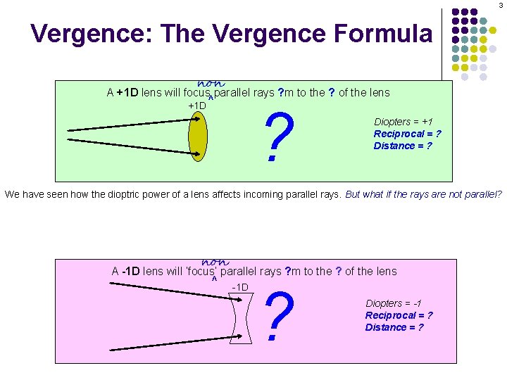 3 Vergence: The Vergence Formula non +1 D ^ A +1 D lens will