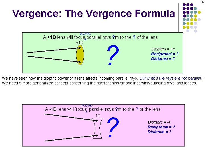 4 Vergence: The Vergence Formula non +1 D ^ A +1 D lens will