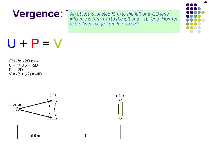49 An object. Vergence is located ½ m to the left of a -2
