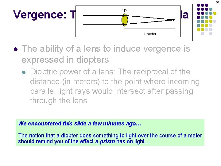 61 Vergence: The Vergence Formula 1 D 1 meter l The ability of a