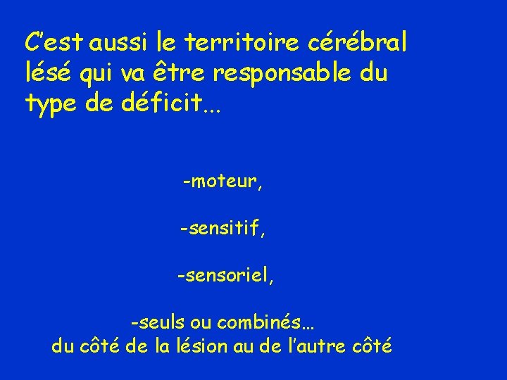 C’est aussi le territoire cérébral lésé qui va être responsable du type de déficit.