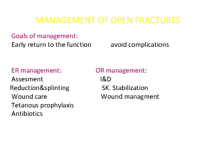 MANAGEMENT OF OPEN FRACTURES Goals of management: Early return to the function ER management: