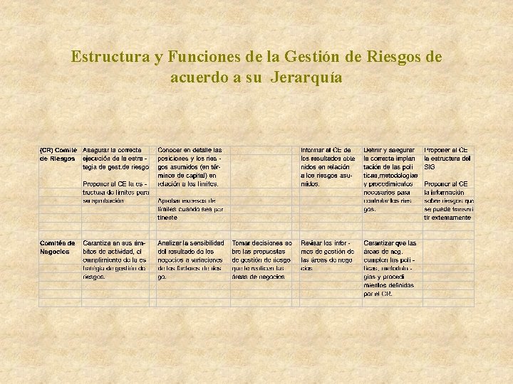 Estructura y Funciones de la Gestión de Riesgos de acuerdo a su Jerarquía 