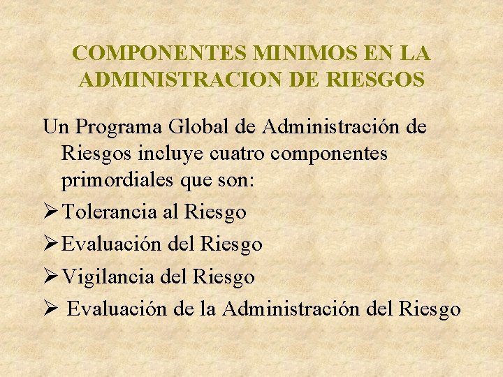 COMPONENTES MINIMOS EN LA ADMINISTRACION DE RIESGOS Un Programa Global de Administración de Riesgos COMPONENTES MINIMOS EN LA ADMINISTRACION DE RIESGOS Un Programa Global de Administración de Riesgos