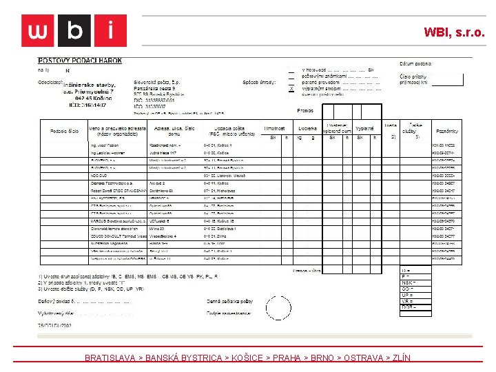 WBI, s. r. o. BRATISLAVA > BANSKÁ BYSTRICA > KOŠICE > PRAHA > BRNO