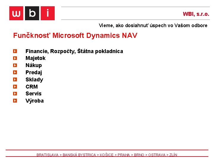 WBI, s. r. o. Vieme, ako dosiahnuť úspech vo Vašom odbore Funčknosť Microsoft Dynamics