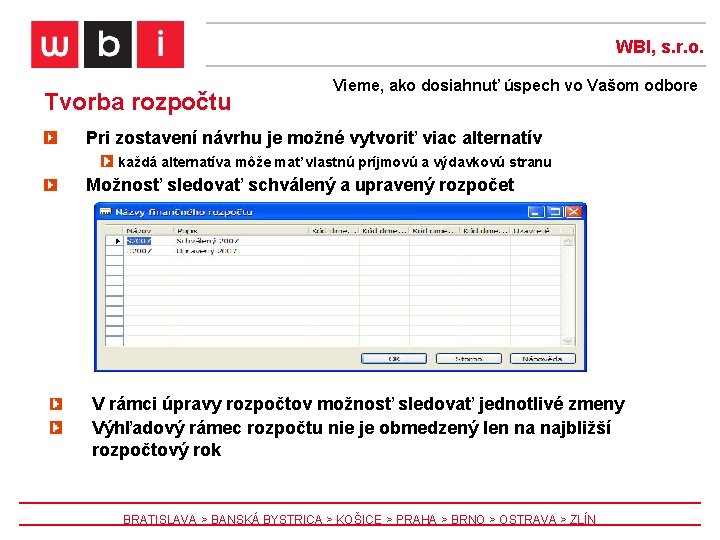 WBI, s. r. o. Tvorba rozpočtu Vieme, ako dosiahnuť úspech vo Vašom odbore Pri