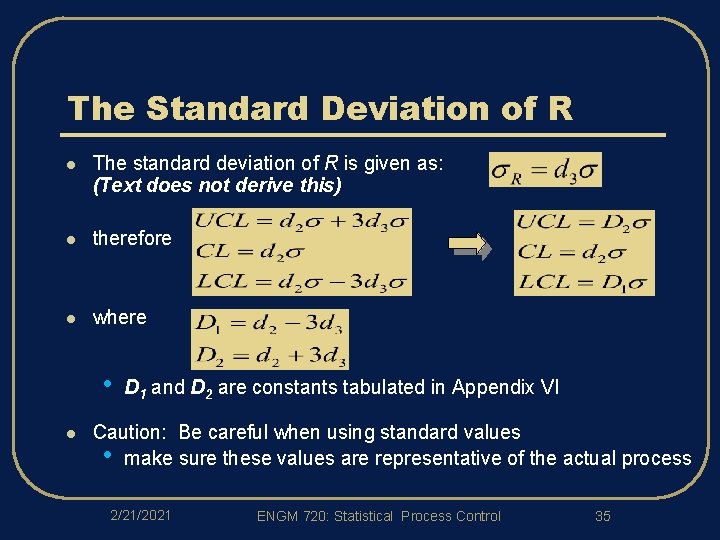 The Standard Deviation of R l The standard deviation of R is given as: