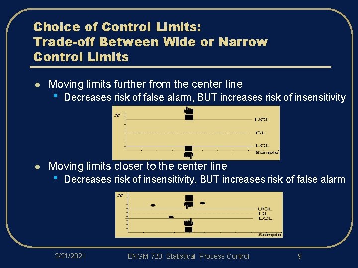 Choice of Control Limits: Trade-off Between Wide or Narrow Control Limits l l Moving