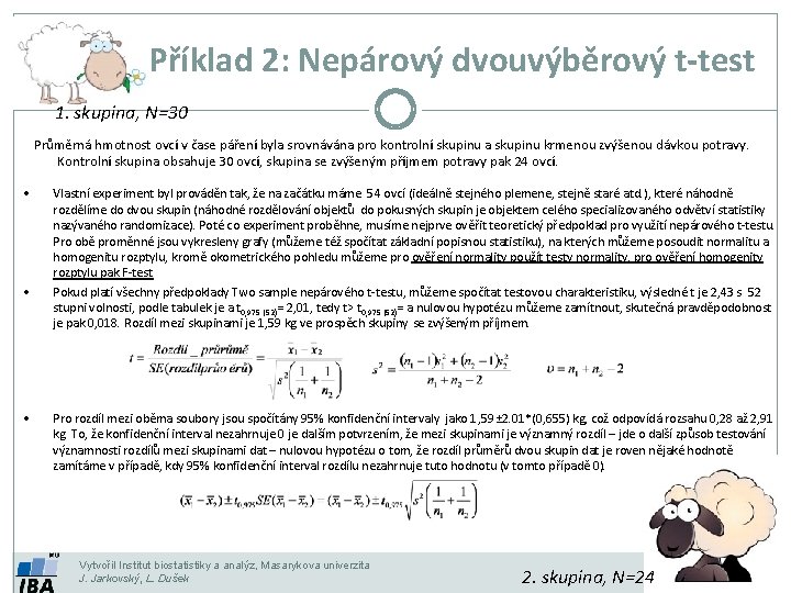 Příklad 2: Nepárový dvouvýběrový t-test 1. skupina, N=30 Průměrná hmotnost ovcí v čase páření Příklad 2: Nepárový dvouvýběrový t-test 1. skupina, N=30 Průměrná hmotnost ovcí v čase páření