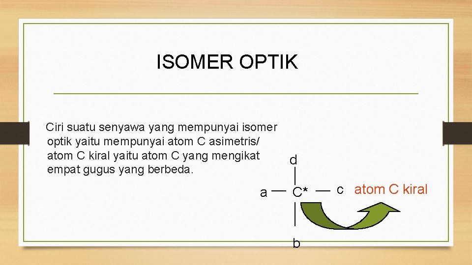 ISOMER OPTIK Ciri suatu senyawa yang mempunyai isomer optik yaitu mempunyai atom C asimetris/