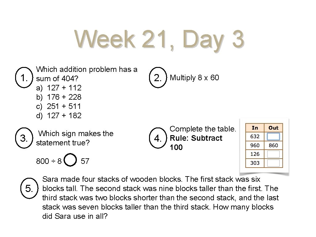 Week 21, Day 3 1. 3. Which addition problem has a sum of 404?