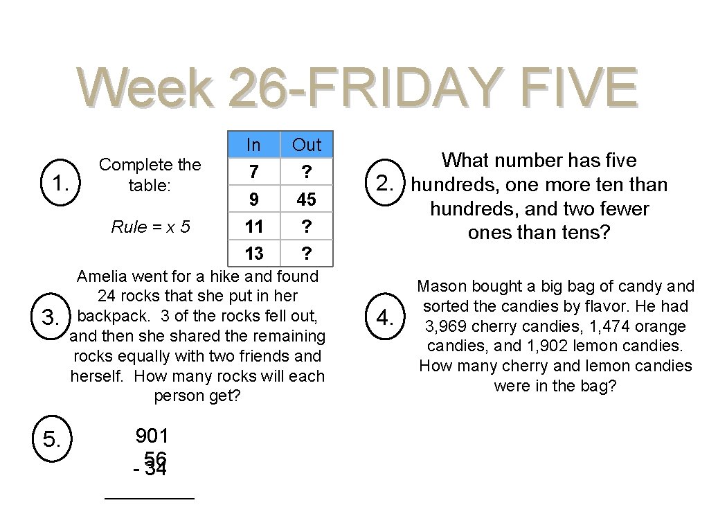 Week 26 -FRIDAY FIVE 1. Complete the table: Rule = x 5 3. 5.