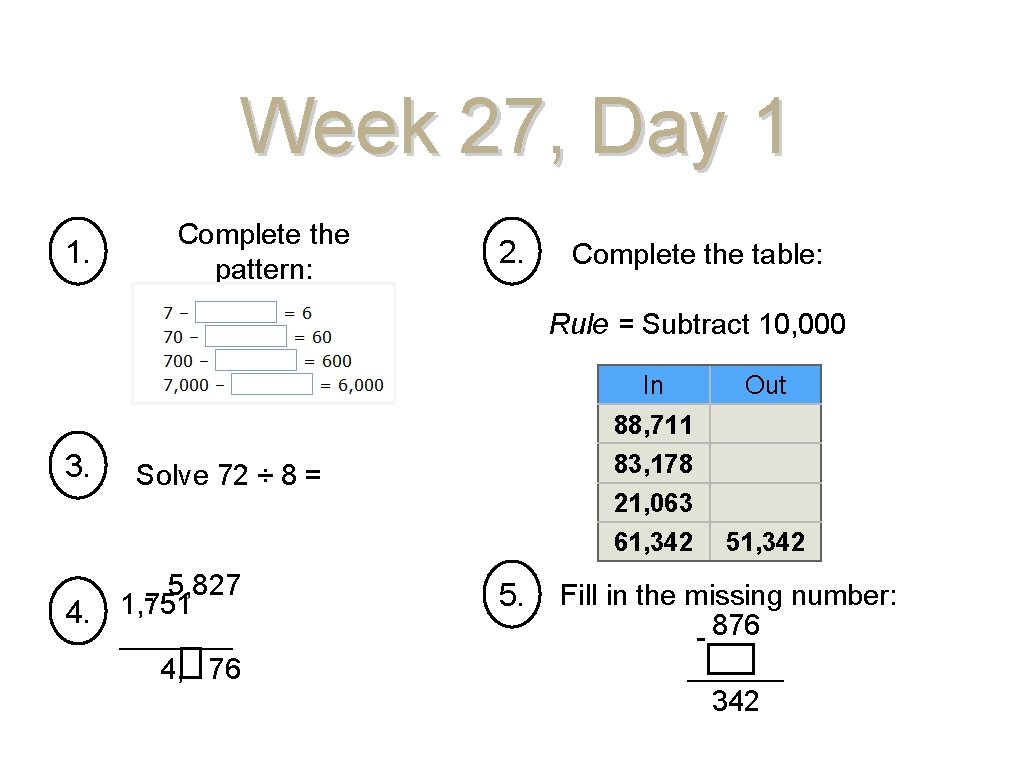 Week 27, Day 1 1. Complete the pattern: 2. Complete the table: Rule =